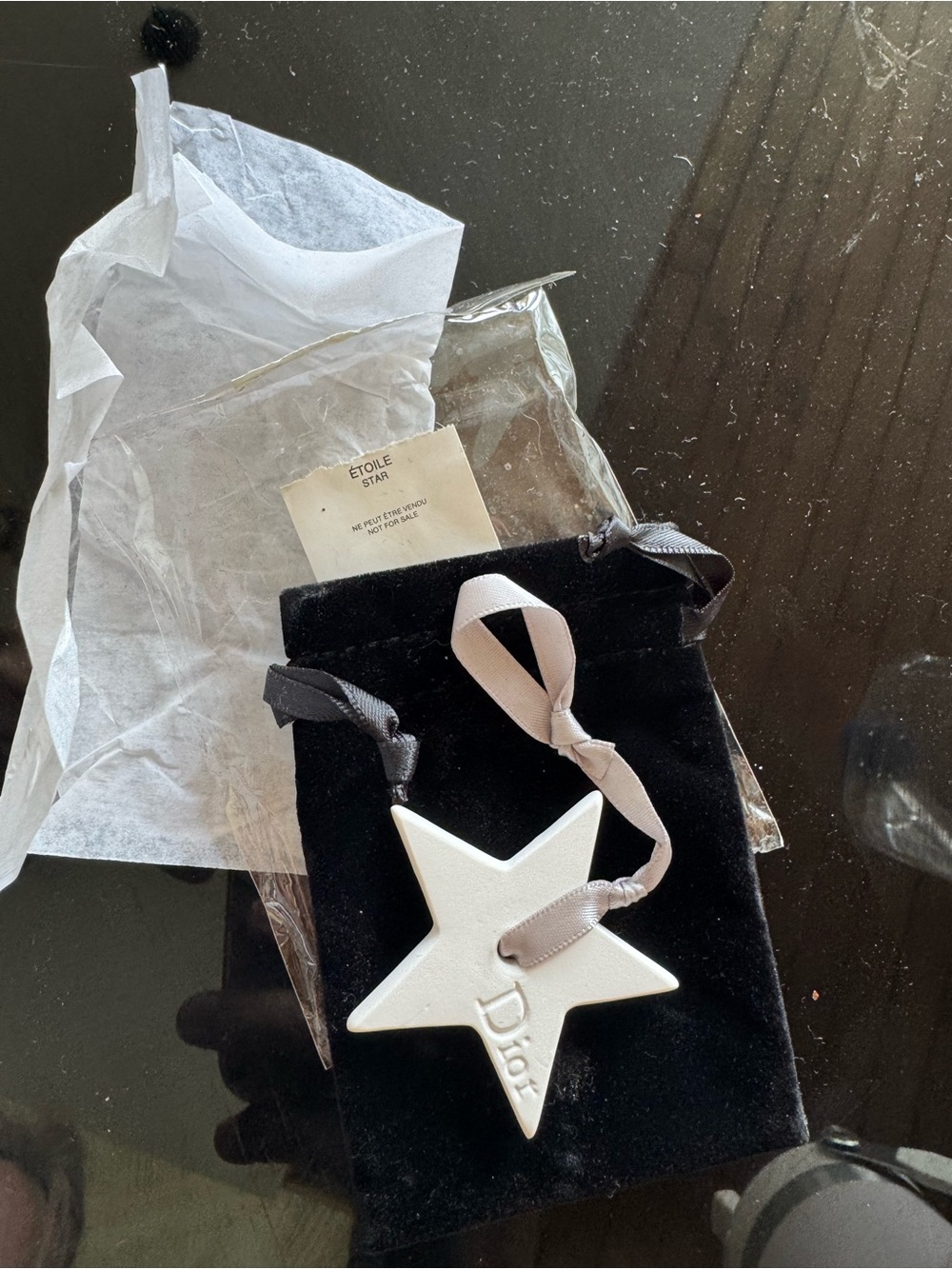 Rare Christian Dior Etoile White Star Ornament with Taupe Ribbon - velvet pouch